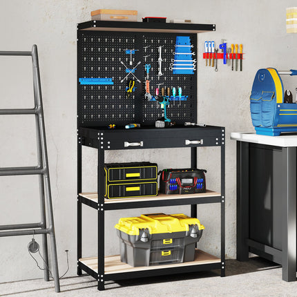 Goplus Workbench with Pegboard, 32" x 16" Multi-use Workbench with 2 Tires of Shelves, Topping Space