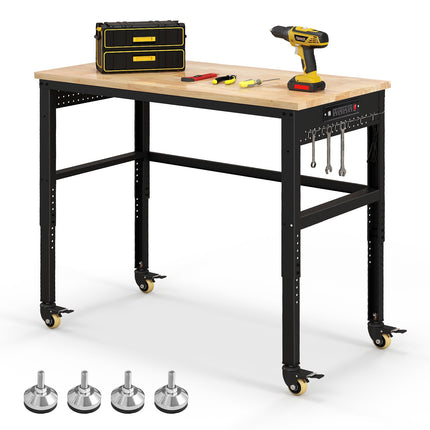 48" Adjustable Workbench, Oak Wood Top Heavy-Duty Work Table Workstation with Non-Slipping Pads & Adjustable Height