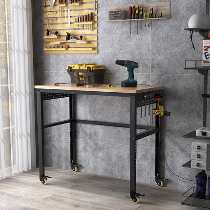 48" Adjustable Workbench, Oak Wood Top Heavy-Duty Work Table Workstation with Non-Slipping Pads & Adjustable Height