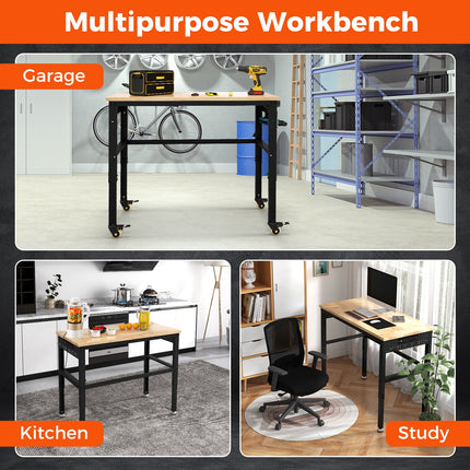 48" Adjustable Workbench, Oak Wood Top Heavy-Duty Work Table Workstation with Non-Slipping Pads & Adjustable Height