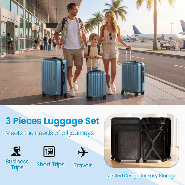 Goplus 3 Piece Vertical Stripe Luggage Set with 360° Spinner Wheels & Telescope Handles