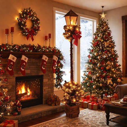 Goplus 6.1 FT Christmas Pre-lit Street Lamp | Seasonal Decoration with Artificial Greenery