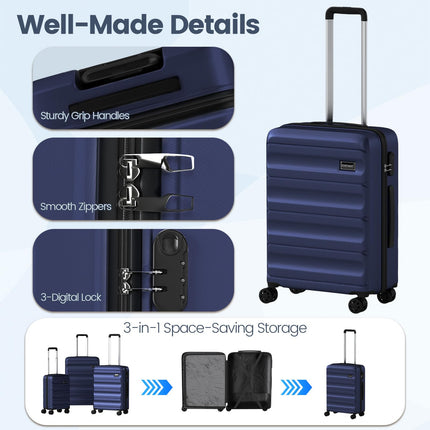 Goplus 3 Piece Wide Cross Stripe Luggage Set with 360° Spinner Wheels & Telescope Handles