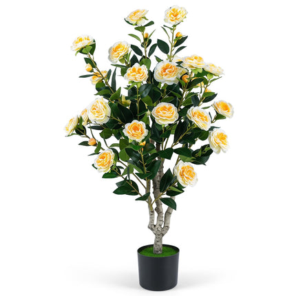 Goplus 39.5" Artificial Camellia Tree in Cement-Filled Pot with Blossoms