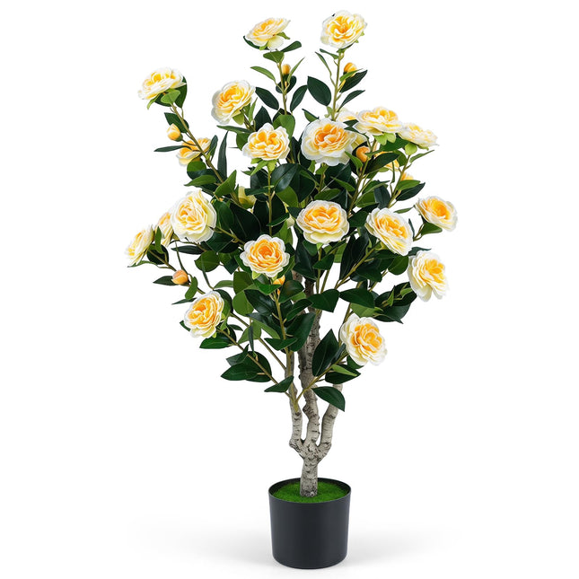 Goplus 39.5" Artificial Camellia Tree in Cement-Filled Pot with Blossoms