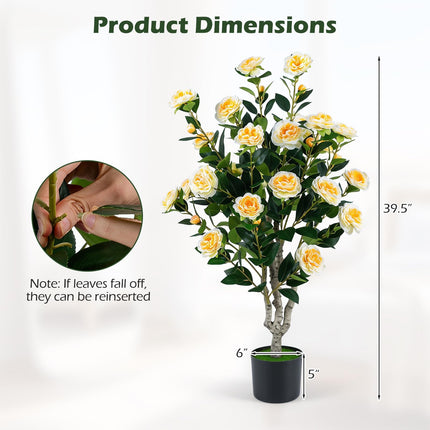 Goplus 39.5" Artificial Camellia Tree in Cement-Filled Pot with Blossoms