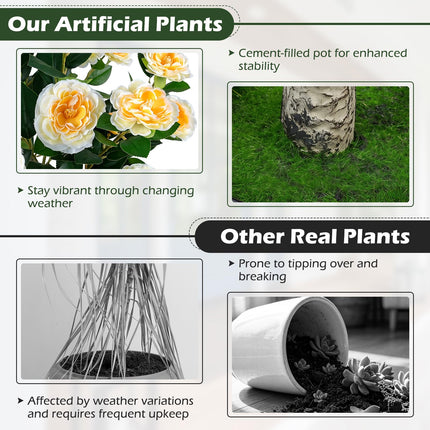 Goplus 39.5" Artificial Camellia Tree in Cement-Filled Pot with Blossoms