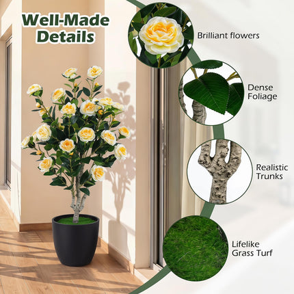 Goplus 39.5" Artificial Camellia Tree in Cement-Filled Pot with Blossoms