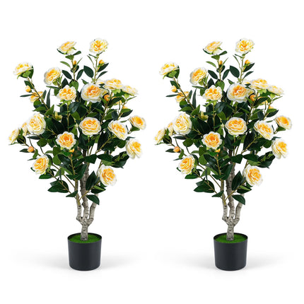 Goplus 39.5" Artificial Camellia Tree in Cement-Filled Pot with Blossoms