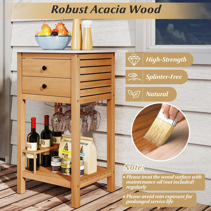 Goplus Acacia Wood Bar Table with 2 Drawers Glass & Wine Holders