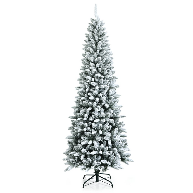 Goplus Snow Flocked Pencil Christmas Tree, Hinged Artificial Slim Xmas Tree - GoplusUS
