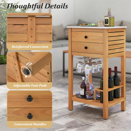 Goplus Acacia Wood Bar Table with 2 Drawers Glass & Wine Holders