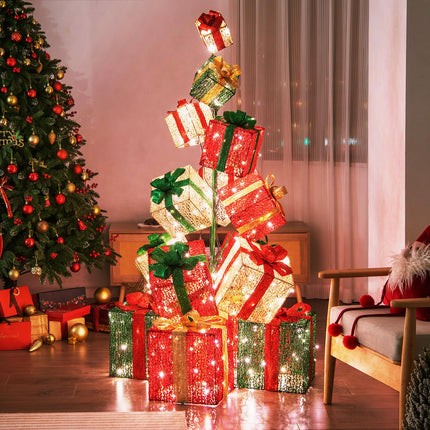 Goplus Lighted Boxes Tower, 15 Pieces Stackable Pre-lit Xmas Present Boxes w/ 450 Warm White Lights