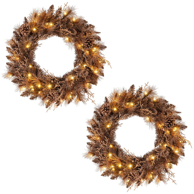 Goplus 24 Inch Pre-Lit Christmas Wreath, Battery Operated Lighted Artificial Winter Xmas Wreaths for Front Door with 105 Branch Tips