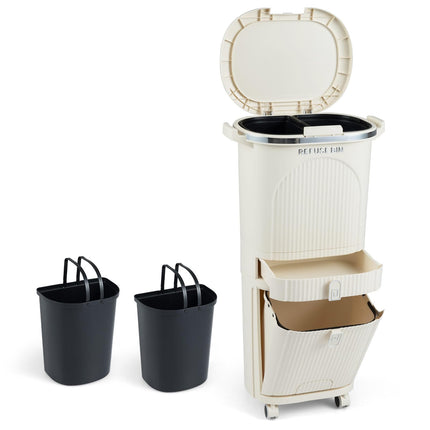 Goplus 11 Gallon 3-Layer Kitchen Trash Can with Lid and 2 Removable Buckets-Beige
