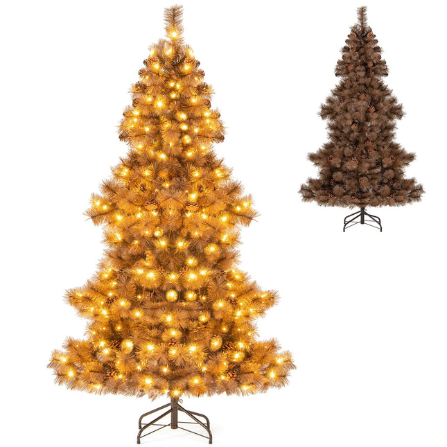 Goplus 6 FT Pre-Lit Hinged Chocolate-Color Christmas Tree with Pine Needles & PVC Tips