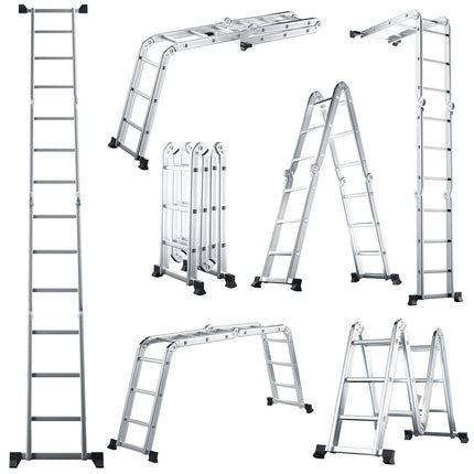 Goplus 12.2 FT Folding Step Ladder, 7-in-1 Multiposition Aluminium Extension Ladder with Reinforced Stabilizer Bar & Non-Slip Foot Pads - GoplusUS