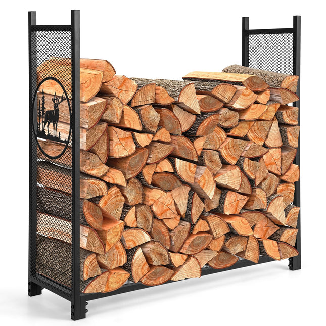 Goplus Firewood Rack Outdoor, 4 FT Metal Log Storage Rack with Mesh Sides & Base