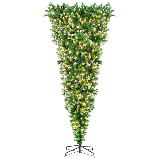Goplus 7.5ft Pre-lit Upside Down Christmas Tree, Hinged Inverted Artificial Xmas Tree W/ 1100 Snowy Branch Tips - GoplusUS