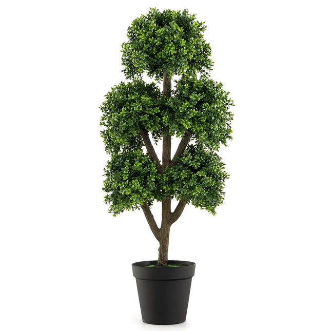 Goplus Artificial Boxwood Topiary Tree, 45” Tall Faux Potted Plants with 5 Ball-Shaped Topiaries, Cement Flowerpot