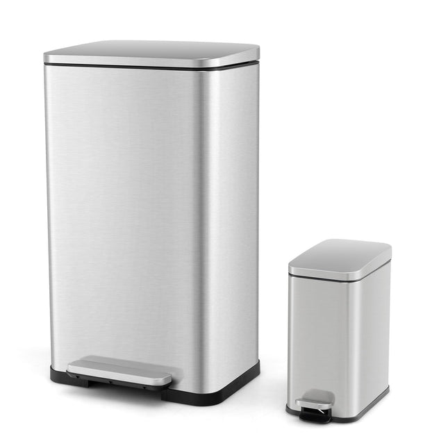Goplus Step Trash Can Combo Set, 10.6 Gal/40 L and 1.6 Gal/6 L Stainless Steel Waste Bin