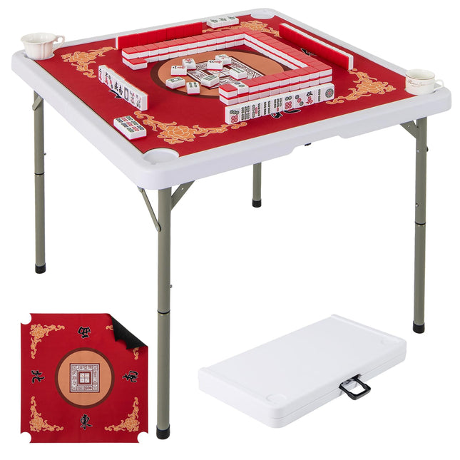 Goplus Mahjong Table, 35" Square Folding Card Table w/4Cup Holders, Anti Slip Mat, HDPE Tabletop w/Removable Mat