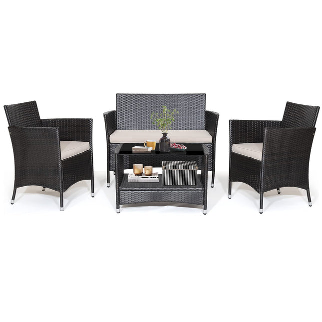 Goplus 4PCS Patio Rattan Furniture Set Armrest Cushion Sofa Coffee Table W/Shelf Garden