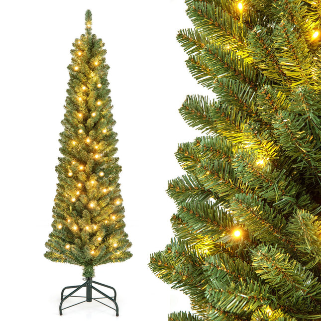 Goplus Pre-Lit Pencil Christmas Tree with Memory Wire Branch Tips & Warm White LED Lights