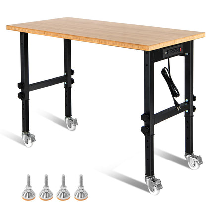 Goplus Work Bench with Power Outlet, 48?±Adjustable Rolling Work Table w/Removable Wheels & Foot Pads, 1984LBS Capacity