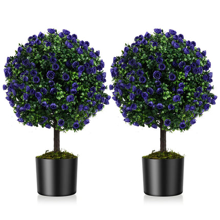 Goplus 22inch Artificial Purple Rose Topiary Ball Tree Fake Evergreen Boxwood Topiary