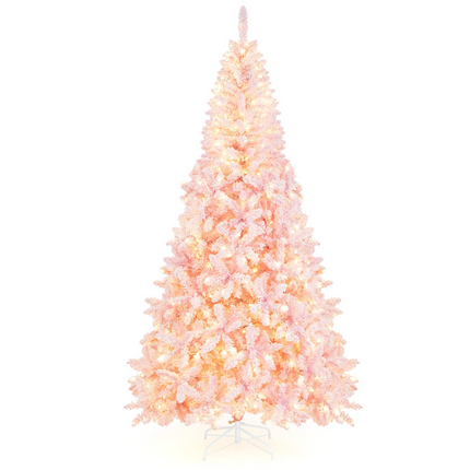 Goplus 7.5ft Pink Pre-Lit Christmas Tree, Hinged Artificial Snow Flocked Xmas Tree with 1100 PVC Branch Tips, 450 LED Lights - GoplusUS