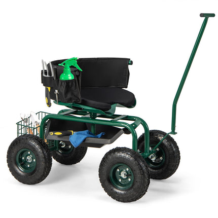 Goplus Rolling Garden Cart, Garden Scooter with Seat & Tool Storage, Outdoor Gardening Workseat