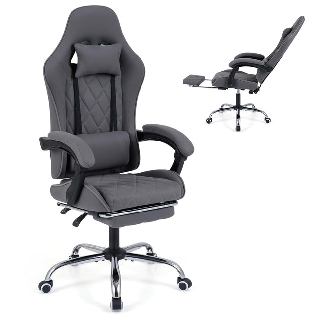 Goplus Ergonomic Gaming Chair with Footrest Lumbar Support Linkage Armrests & Detachable Headrest