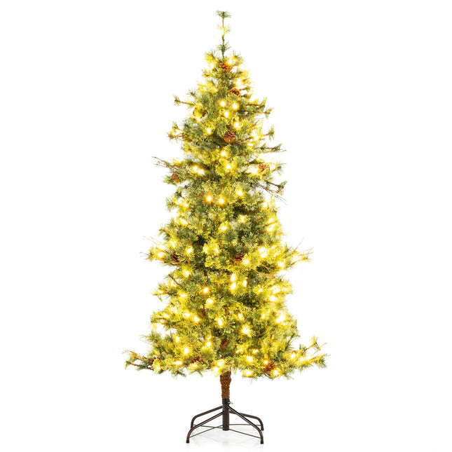 Goplus 6/7/8 FT Pre-Lit Artificial Christmas Tree with Pine Needles & Natural Pine Cones