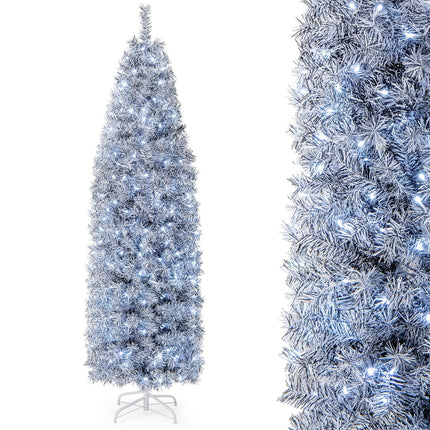 Goplus 7ft Pre-Lit Artificial Pencil Christmas Tree with 350 Cool-White LED Lights