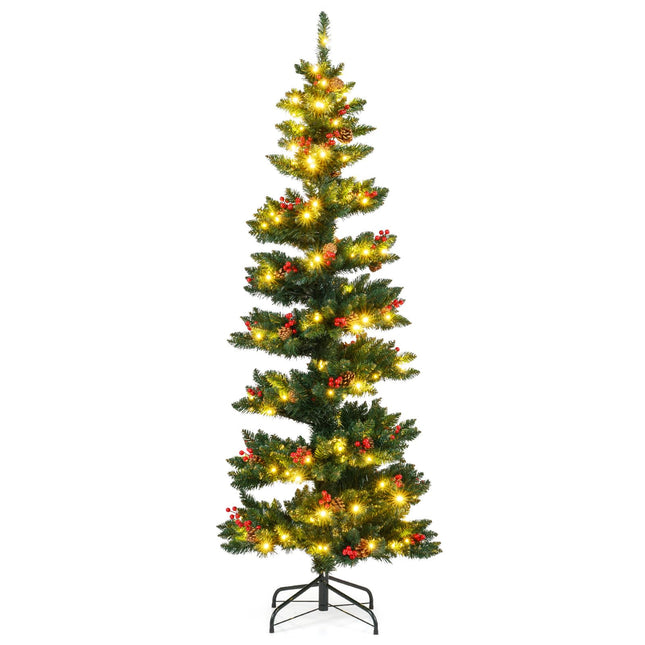 Goplus 6FT / 7FT Pre-Lit Spiral Christmas Tree with Pine Cones & Red Berries