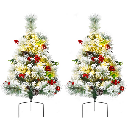 Goplus 2FT Pathway Christmas Trees Set of 2, Pre-Lit Snow Flocked Xmas Trees with 30 Warm White LED Lights - GoplusUS