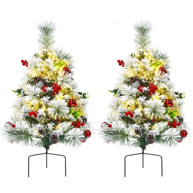 Goplus 2FT Pathway Christmas Trees Set of 2, Pre-Lit Snow Flocked Xmas Trees with 30 Warm White LED Lights - GoplusUS