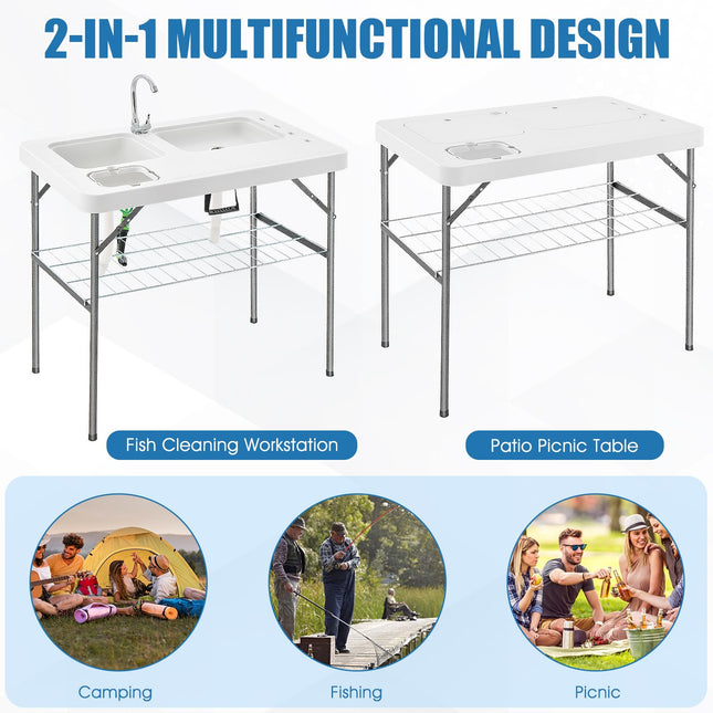 Goplus 40" Folding Fish Cleaning Table with Dual Water Basins