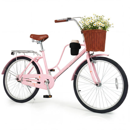 Goplus 24/26 Inch Beach Cruiser Bike w/Basket & Cup Holder for Teens Adults Ladies