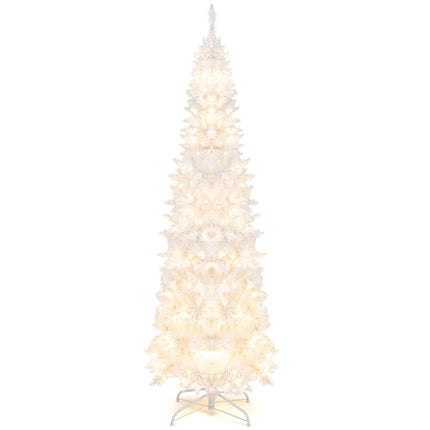 Goplus 7ft White Pre-Lit Pencil Christmas Tree, Artificial Hinged Slim Tree with 800 Tips, 300 Warm White Lights - GoplusUS