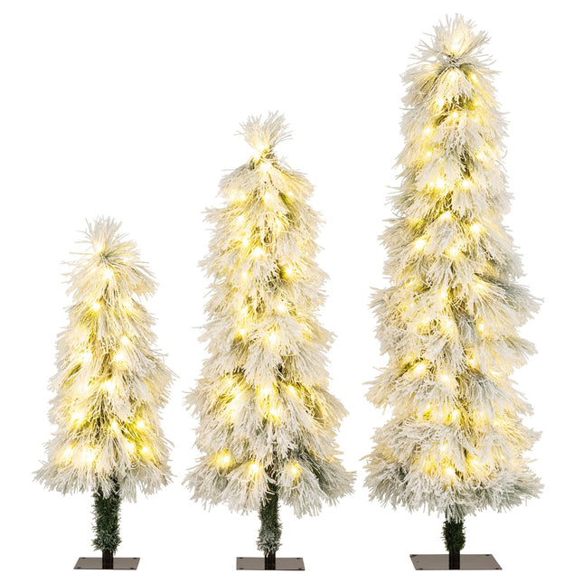Goplus 3' 4' 5' Pre-Lit Snow Flocked Christmas Tree Set of 3