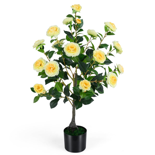 Goplus 35.5" Artificial Camellia Tree Faux Floral Plant Blooming Tree in Cement Pot (1/2 Pack)