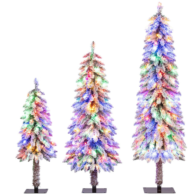 Goplus 3' 4' 5' Pre-Lit Snow Flocked Christmas Tree Set of 3 with 300 Multicolored LED Lights