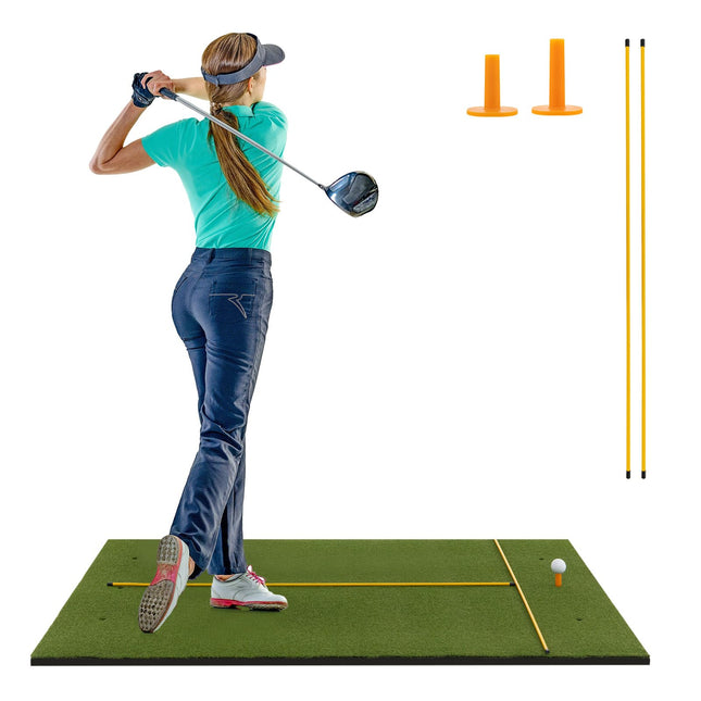 Goplus Golf Mat, 5x3ft/5x4ft Golf Hitting Mat 20/25/27/32mm Thick w/2 Alignment Sticks & 2 Golf Tees