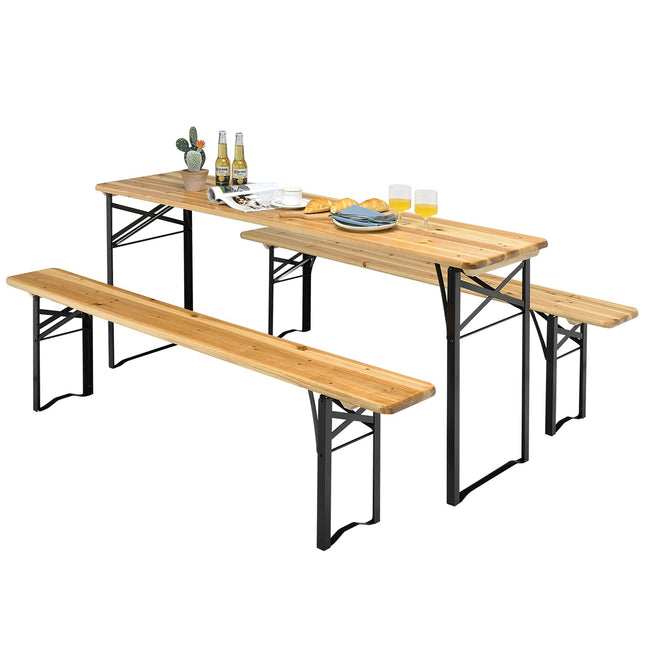 Goplus 70" 3-Piece Portable Folding Picnic Table Bench Set, Portable Picnic Beer Table w/Wooden Tabletop