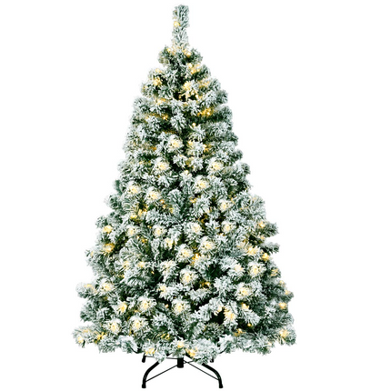 Goplus 4.5ft / 6 ft / 7.5ft Artificial Snow Flocked Christmas Tree, Pre-Lit Snowy Hinged Xmas Tree with Led Lights and Metal Stand - GoplusUS