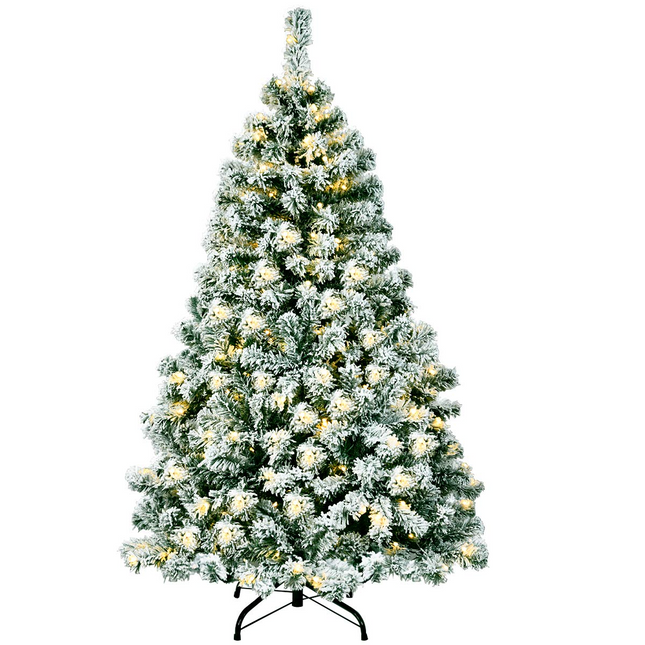 Goplus 4.5ft / 6 ft / 7.5ft Artificial Snow Flocked Christmas Tree, Pre-Lit Snowy Hinged Xmas Tree with Led Lights and Metal Stand - GoplusUS