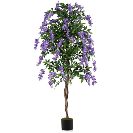 Goplus 6FT Ficus Artificial Tree Faux Wisteria Tree in Nursery Pot with Purple Lifelike Flowers