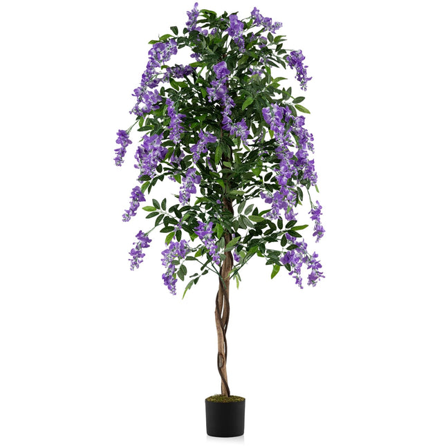 Goplus 6FT Ficus Artificial Tree Faux Wisteria Tree in Nursery Pot with Purple Lifelike Flowers
